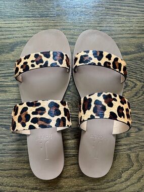 Leopard Print Faux Hair Double Strap Slide Sandals - Brown